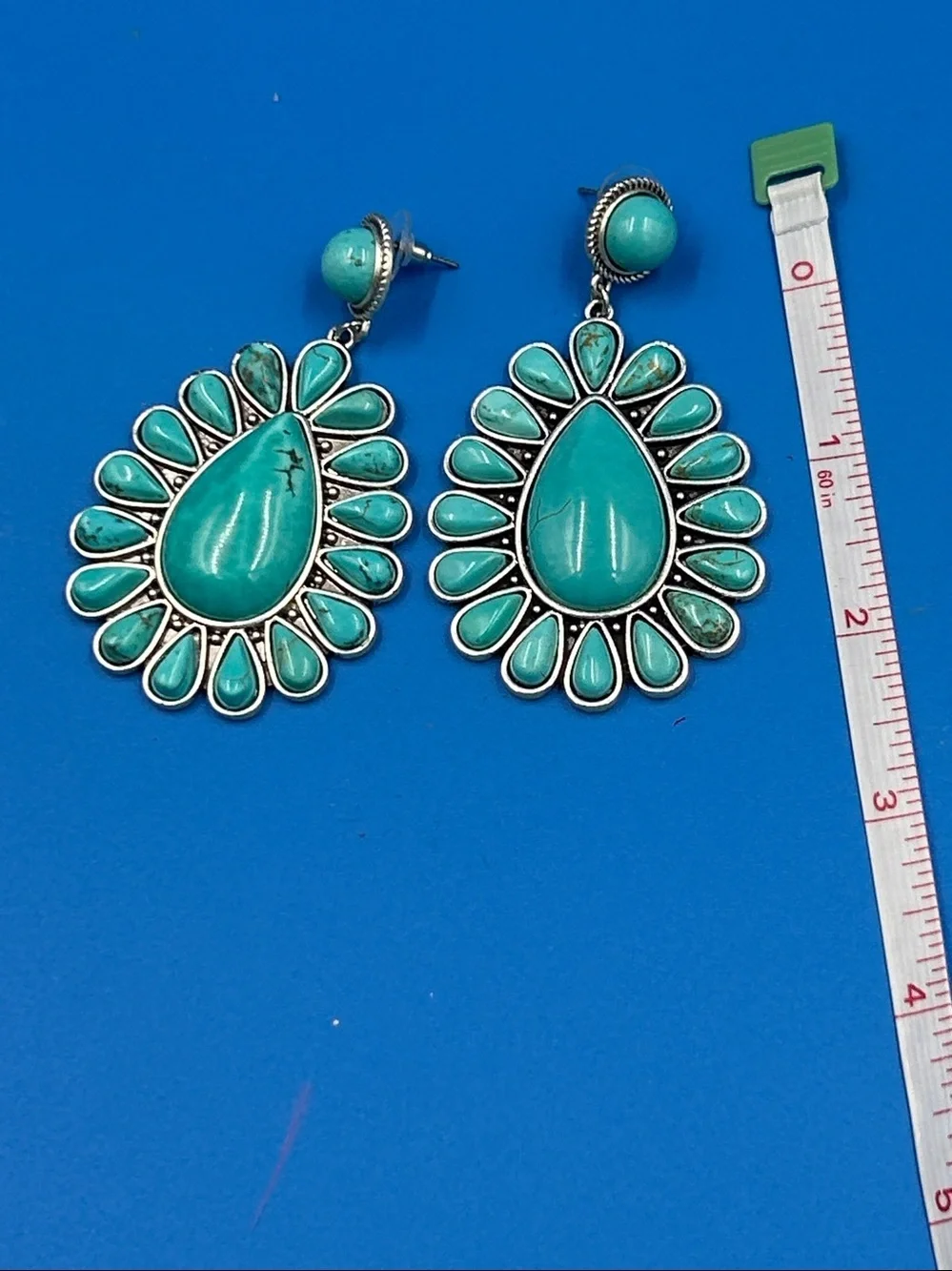 Turquoise Teardrop Sunburst Earrings - Silver Accent